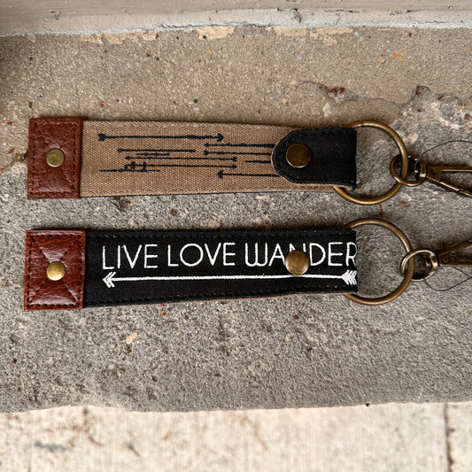 Up-Cycled Canvas Live Love Wander Key Fob
