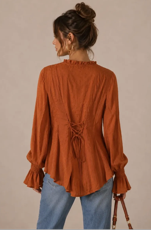 Swiss Dot Peasant Sleeve Button Down Top