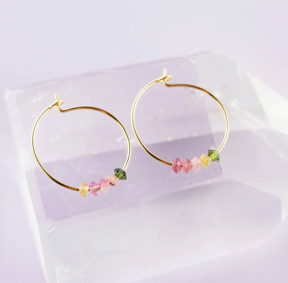 Rainbow Tourmaline Hoop Earrings for Happiness