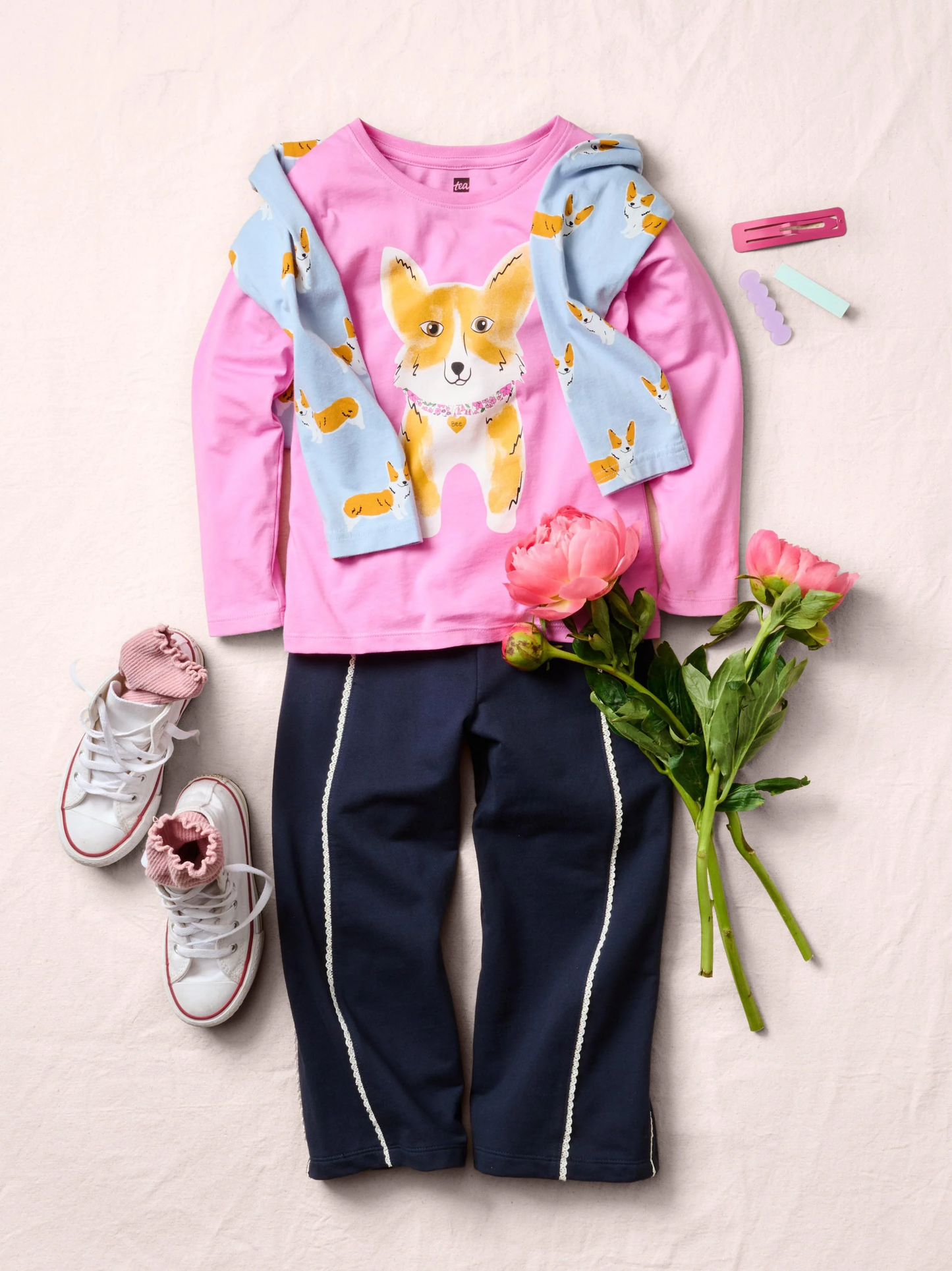 Girls Double Sided Corgi Long Sleeve Tee