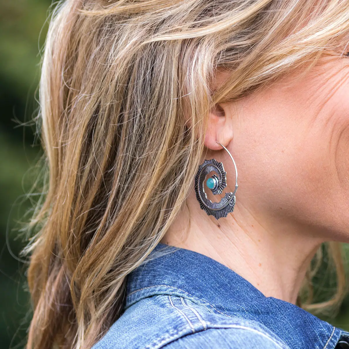 Tanvi Amazonite Silver Leaf Open Hoop Earrings