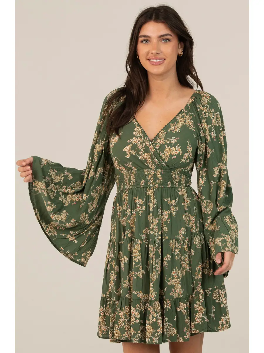 V-Neck Wide Flare Bell Sleeve Dress