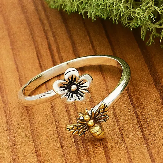 Adjustable Bee + Flower Ring