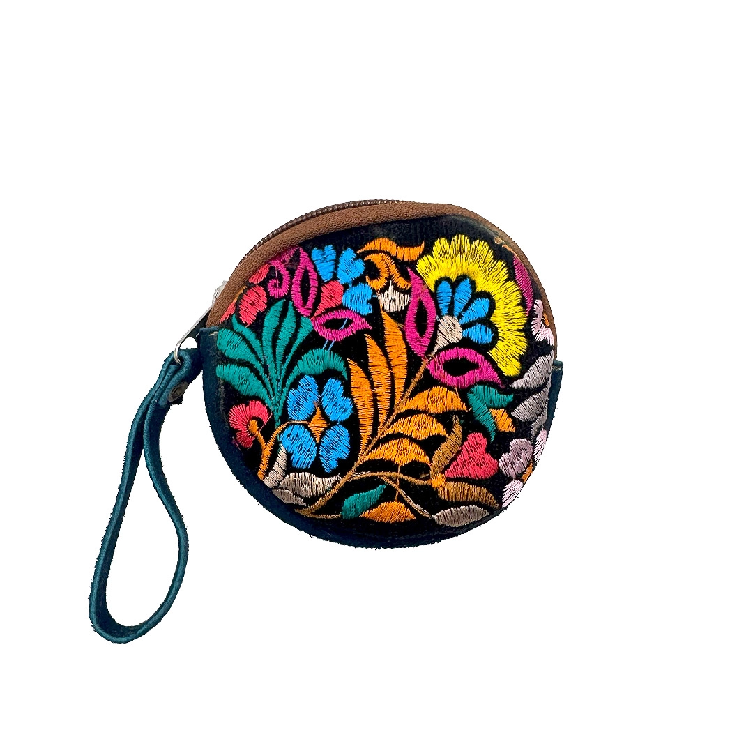 Round Embroidered Floral Leather Coin Purse