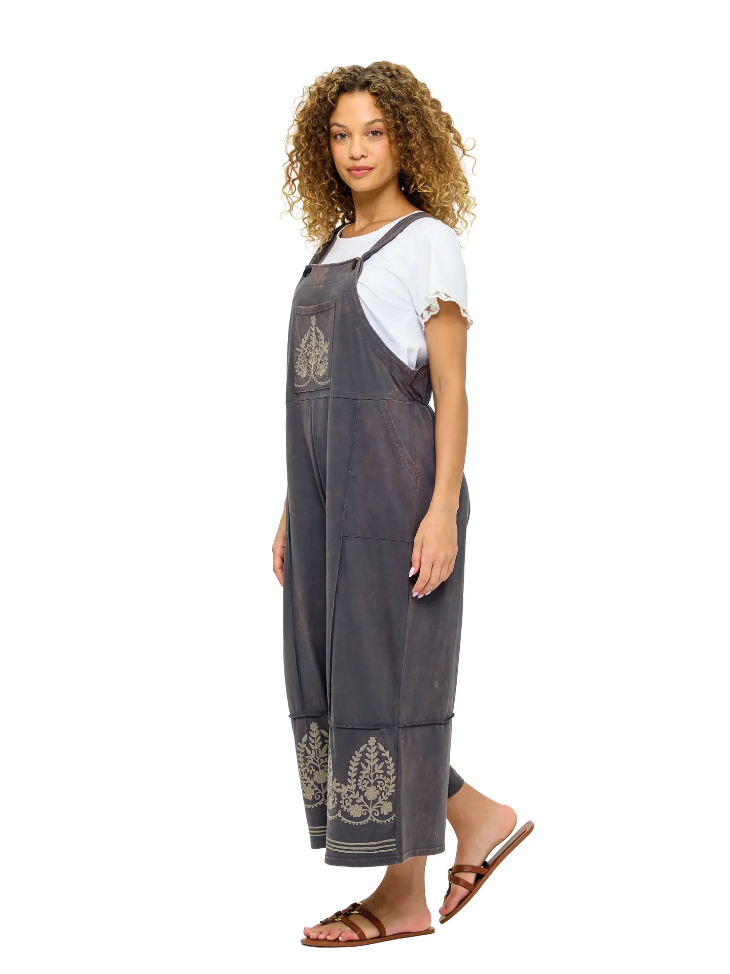 Embroidered Details Midi Overalls