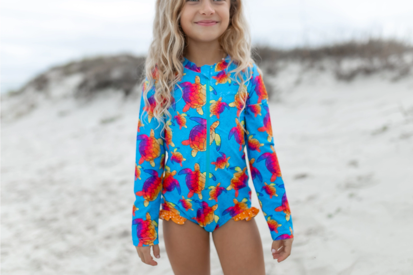 Girls Rash Guard Swimsuit Rainbow Turtle