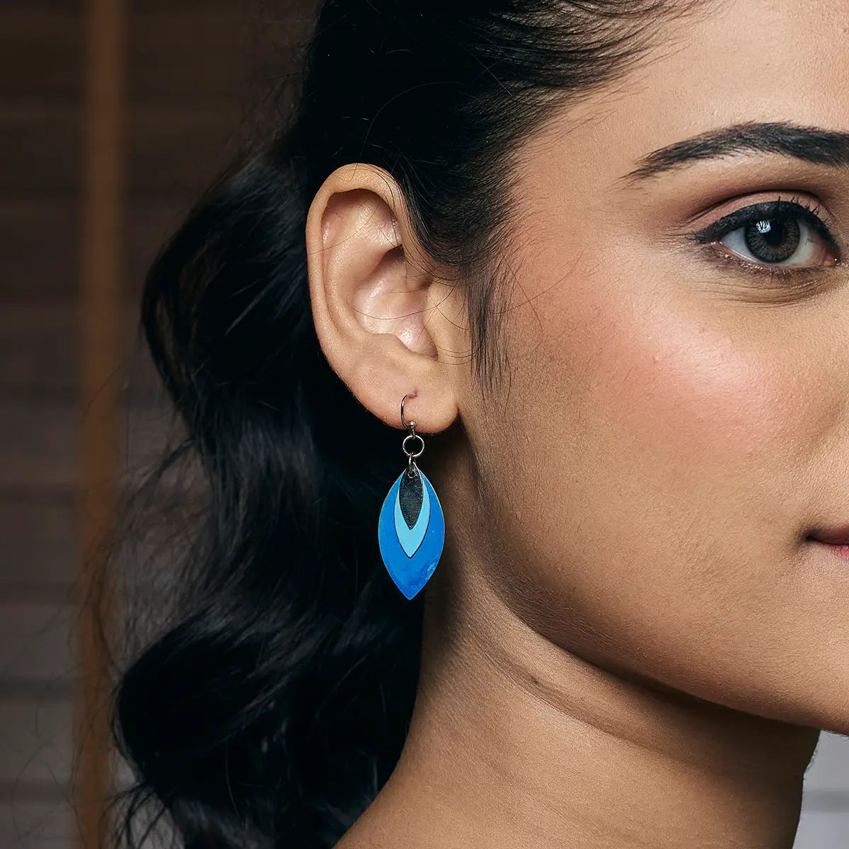 Brass Patina Layered Earrings Tonal Blue