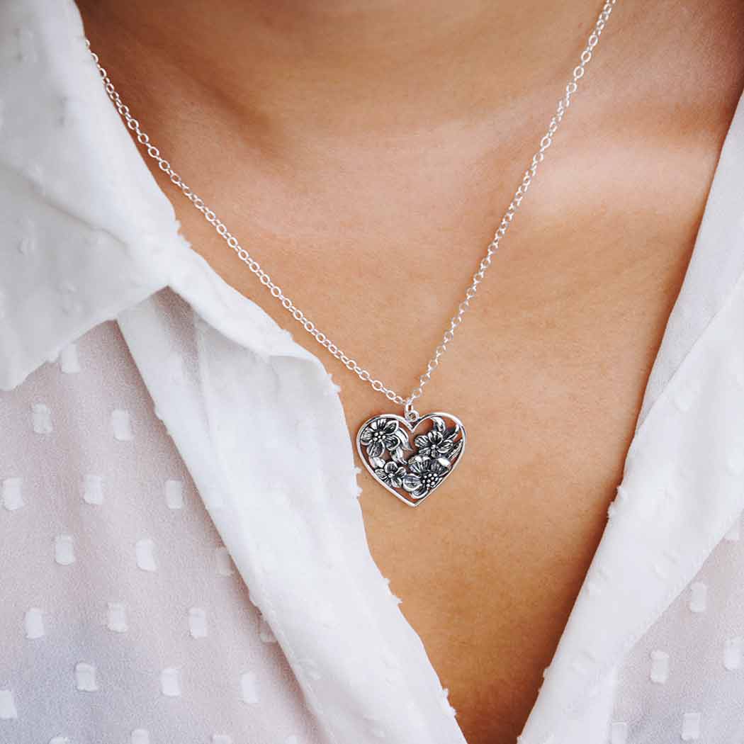 Sterling Apple Blossoms Heart Necklace