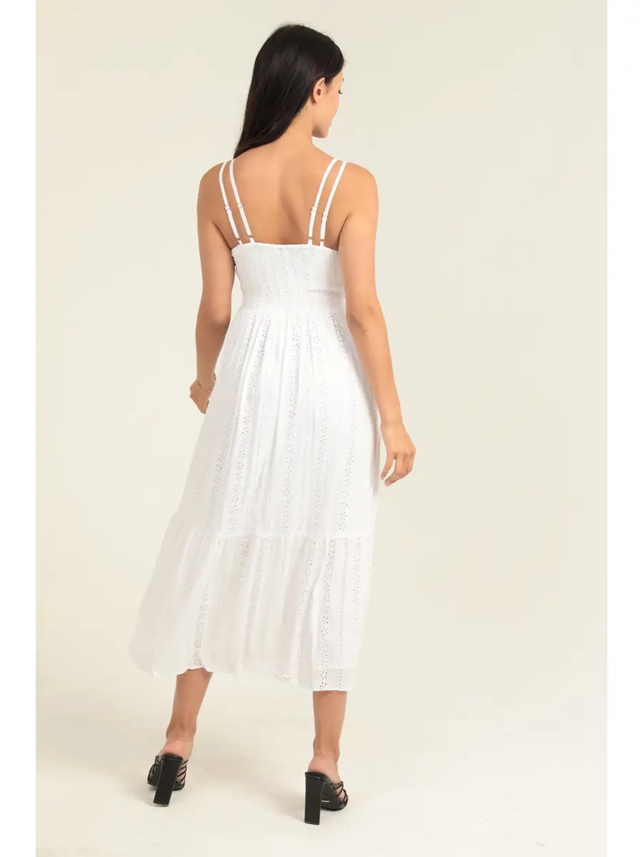 Eyelet Embroidered Midi Dress with Lace Inset