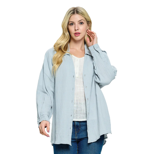 Crinkle Cotton Button Down Top
