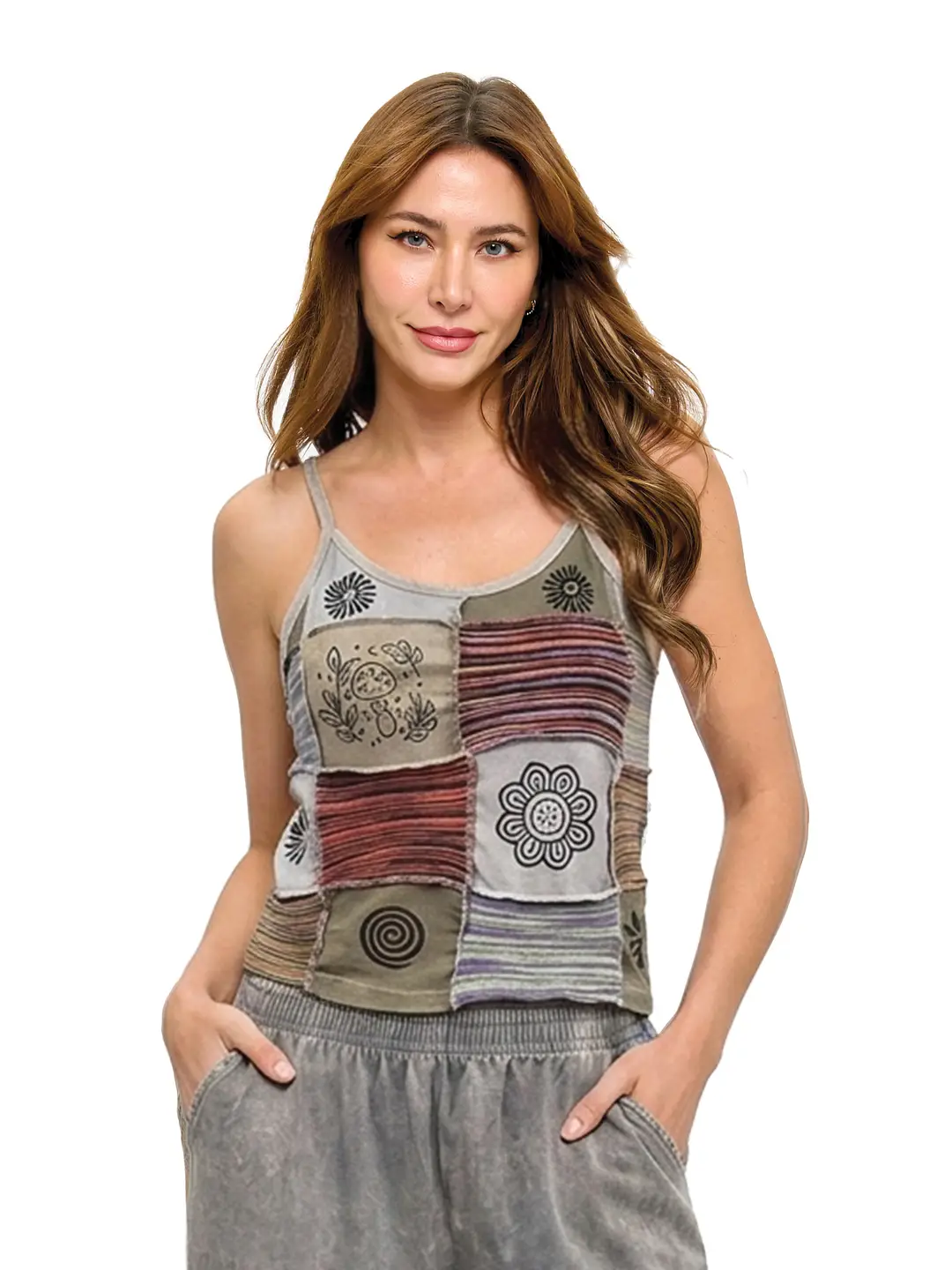 Boho Patchwork Ribbed + Art Painted Tank Top