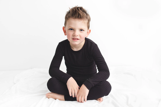 Midnight Black Ribbed Kids Bamboo Pajamas