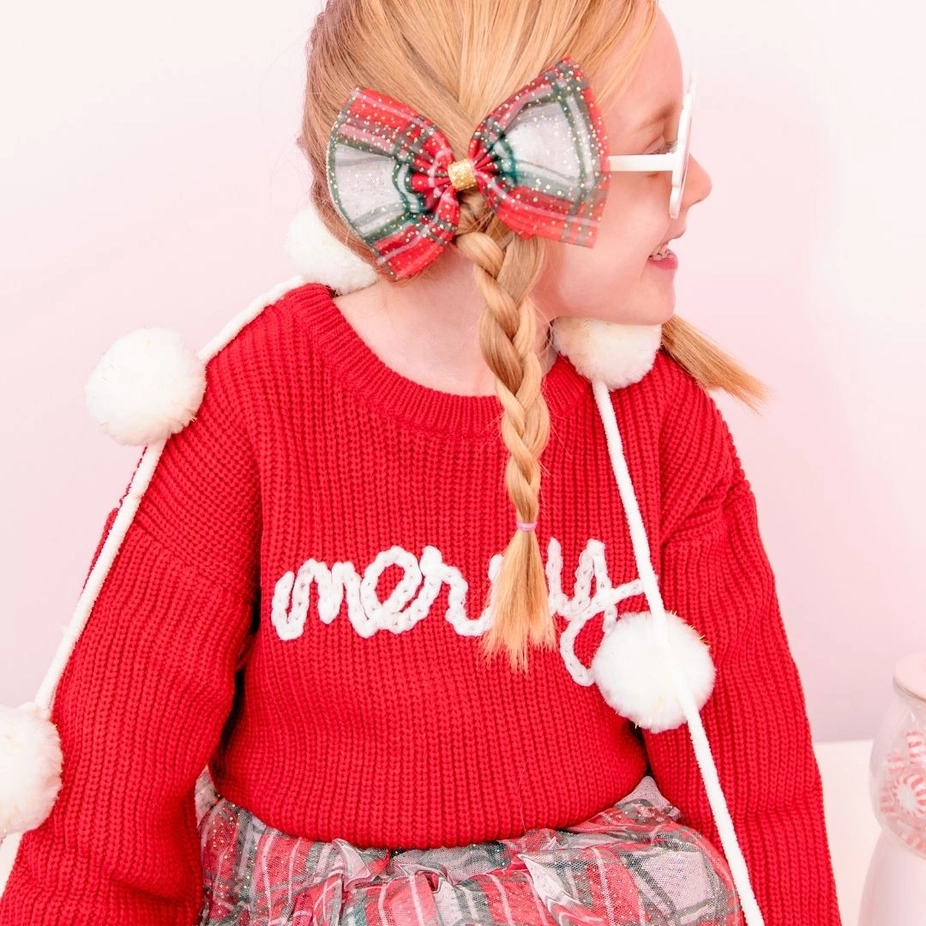 Girls Christmas Plaid Tulle Bow Clip