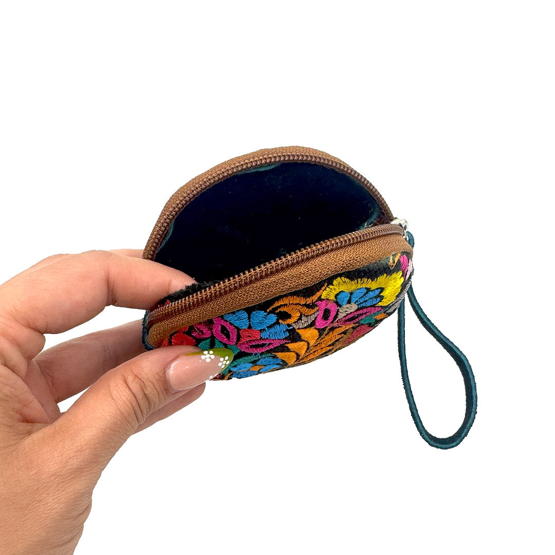 Round Embroidered Floral Leather Coin Purse