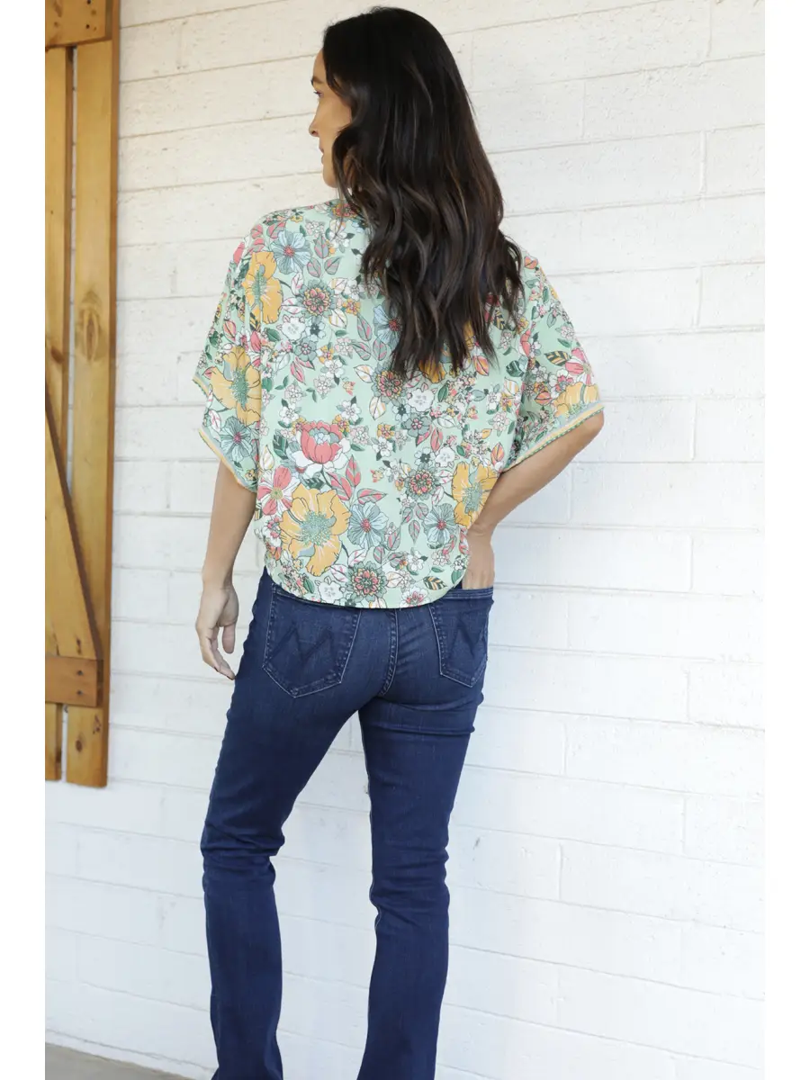 V-Neck Tie Waist Kimono Sleeve Top