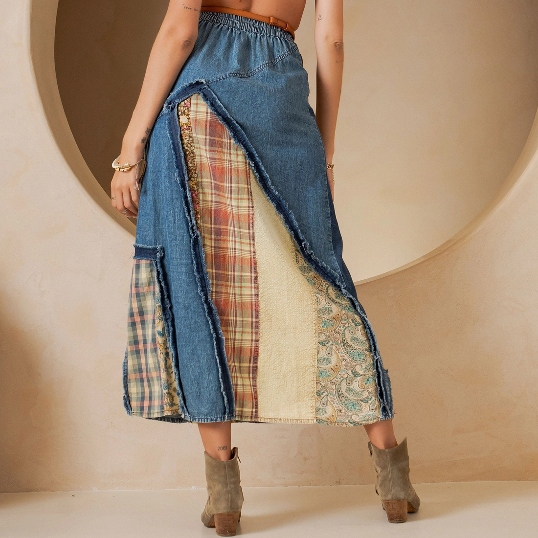 Patch Insert Denim Midi Skirt
