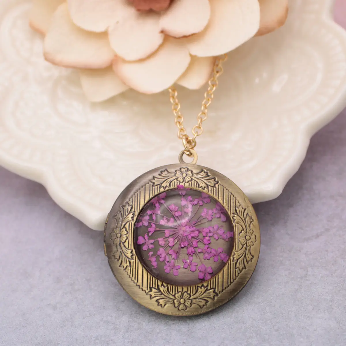Vintage Purple Dried Flower Locket Necklace