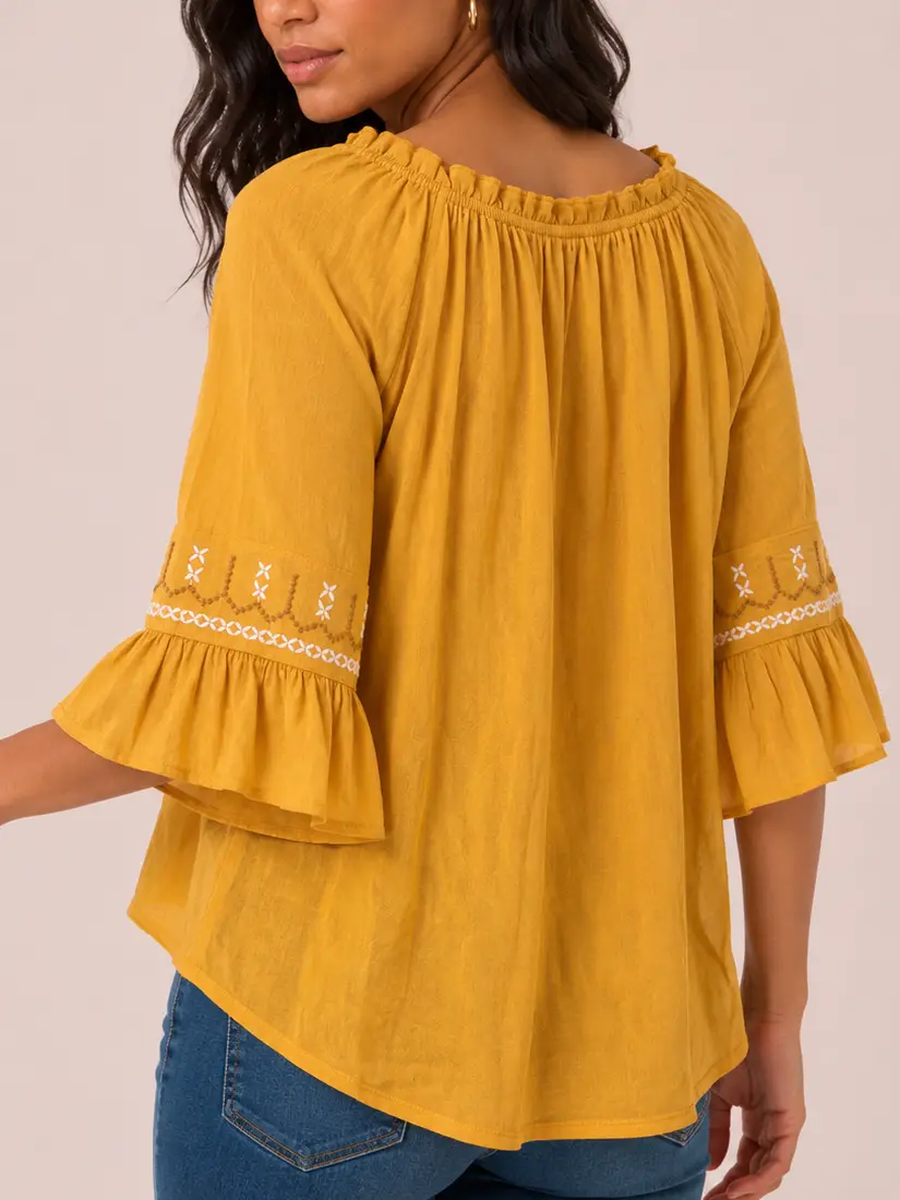 Amber Bloom Embroidery Peasant Top