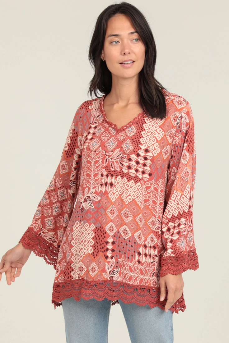 Lace Trim V-Neck Tunic Top