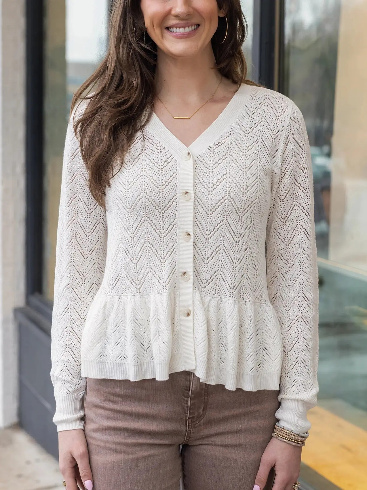 Pointelle Peplum Cardigan