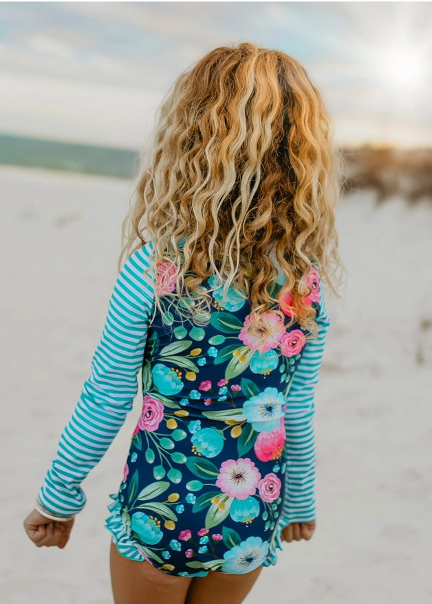 Girls Swimsuit Navy Teal Stripe