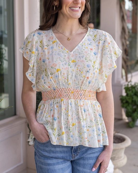 Floral Smocked Flutter Sleeve Top