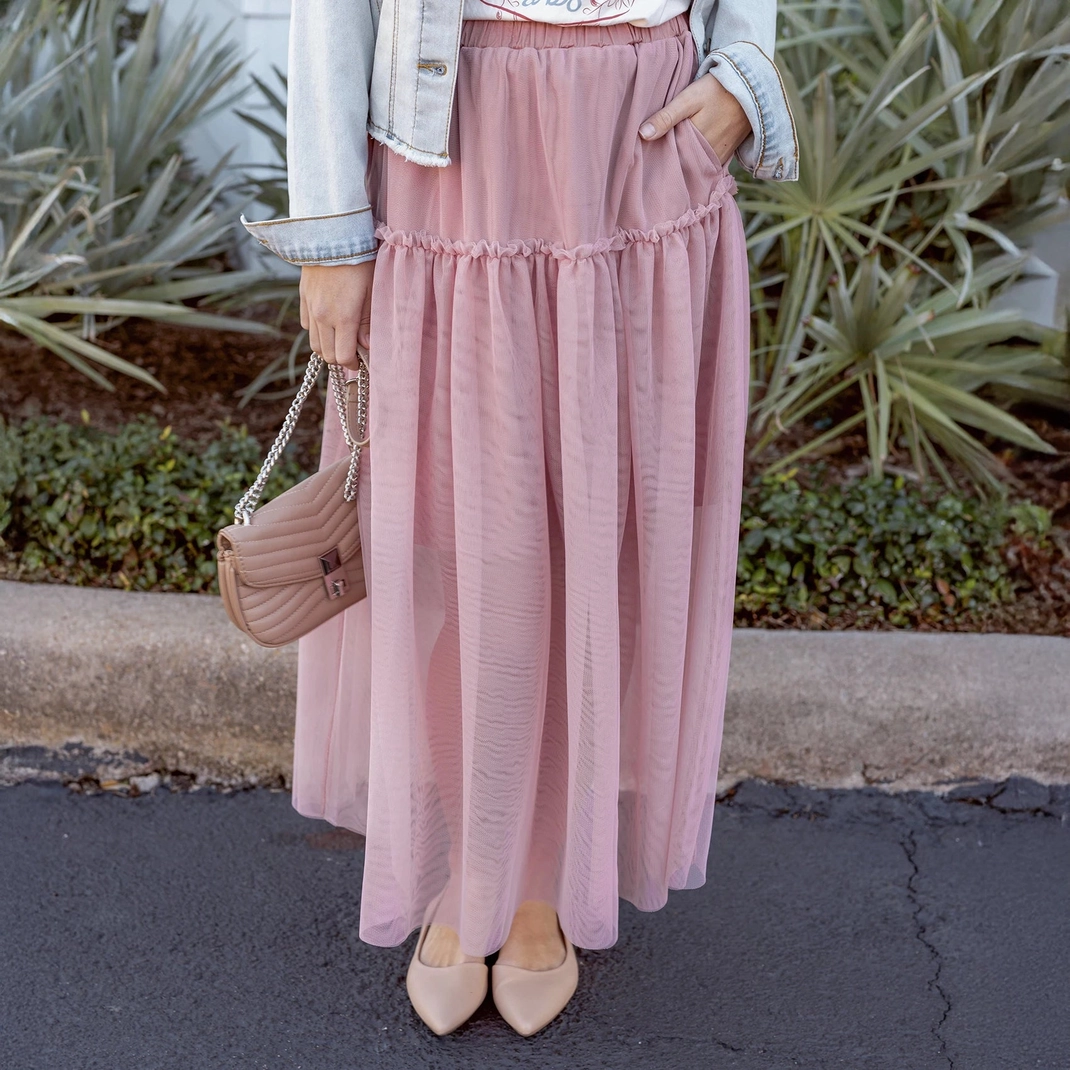 Mesh Tiered Maxi Skirt