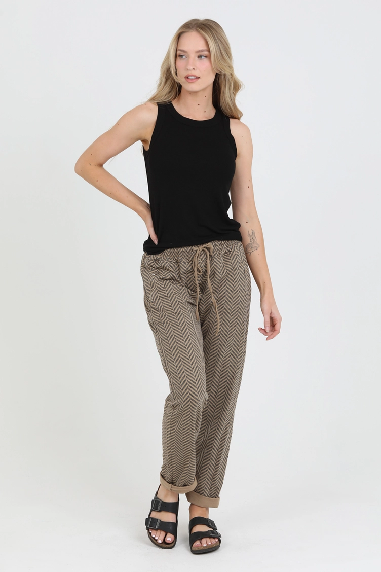 Herringbone Printed Joggers w/ Zipper Pocket