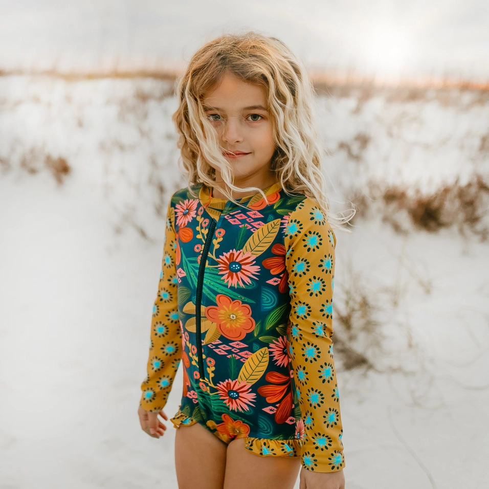 Girls Rash Guard Swimsuit Mustard Tropical