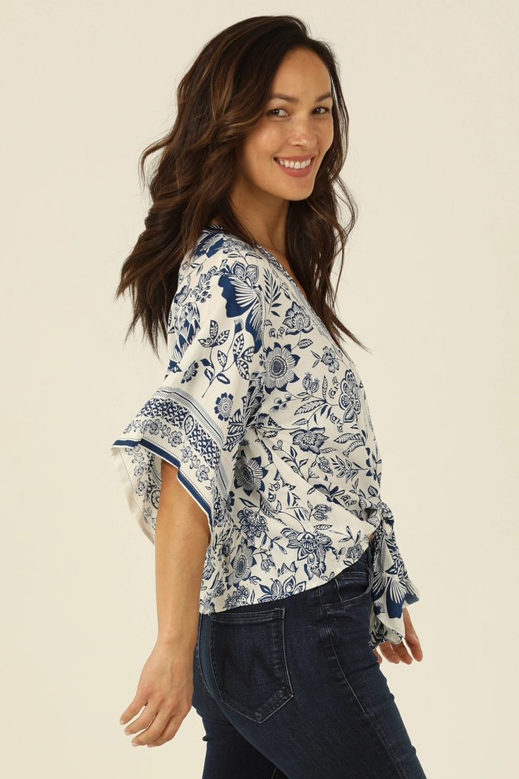 V-Neck Kimono Sleeve Tie Waist Blouse