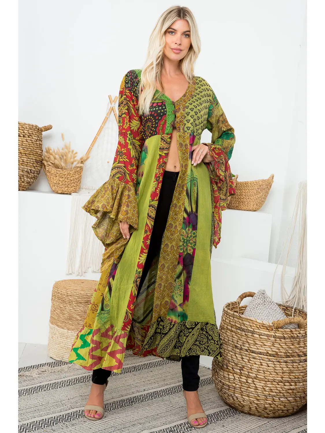 Patchwork Long Bell Sleeve Kimono