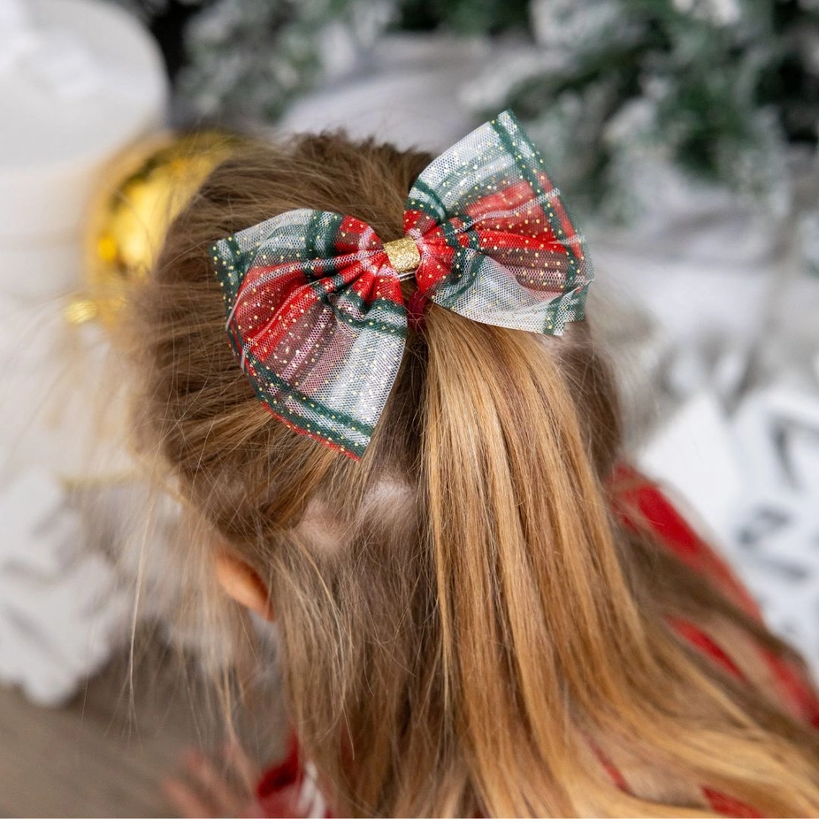 Girls Christmas Plaid Tulle Bow Clip