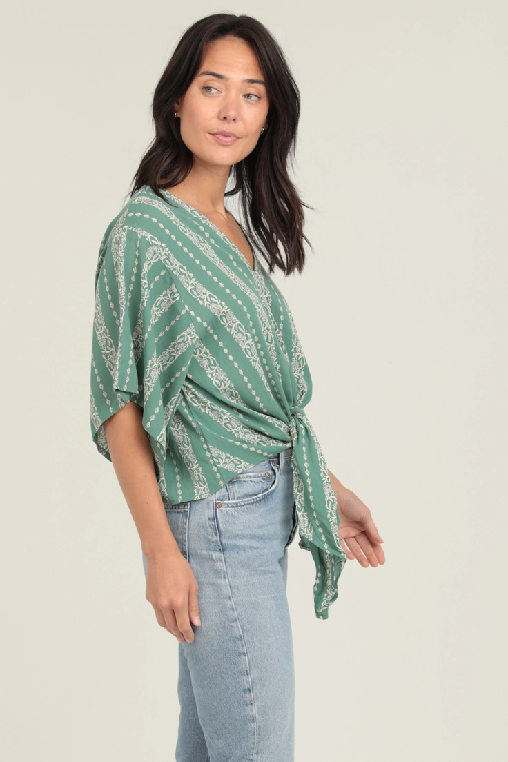 V-Neck Kimono Sleeve Tie Waist Blouse