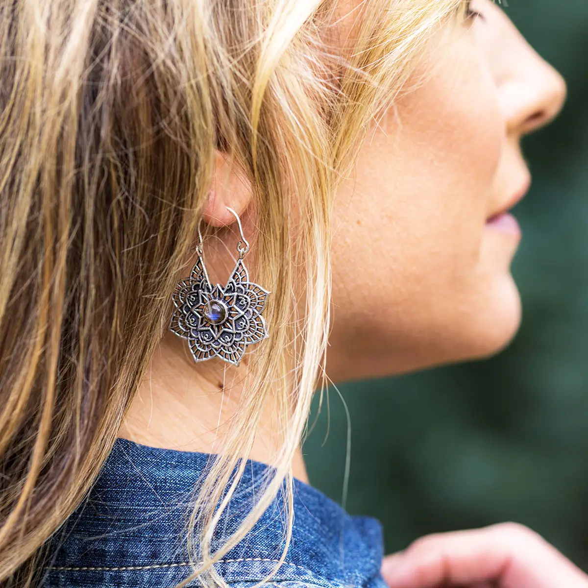 Silver Lace Flower Earrings-Labradorite