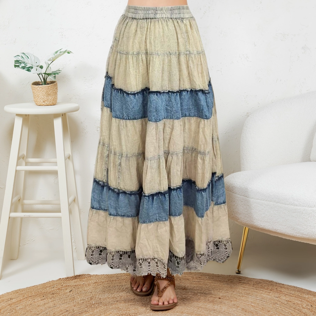 Boho Patchwork Denim + Lace Skirt