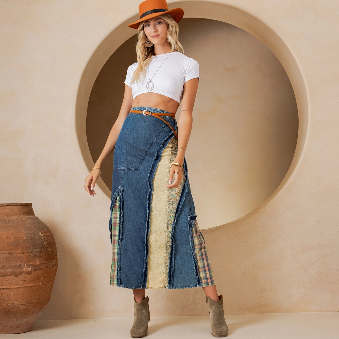 Patch Insert Denim Midi Skirt
