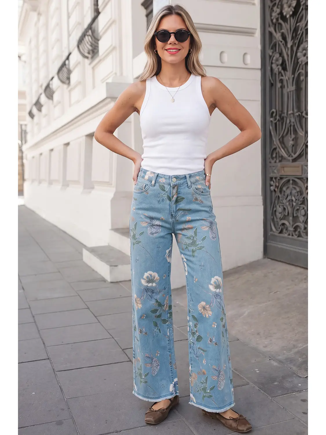 Retro Floral Print Frayed Hem Shift Jeans