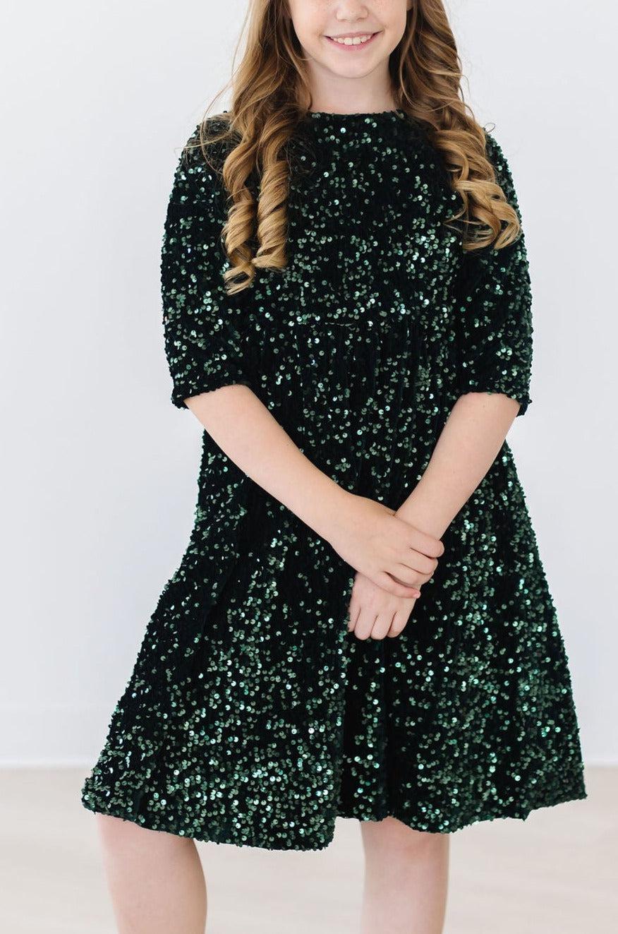 Girls Hunter Green Velvet Sequin Dress