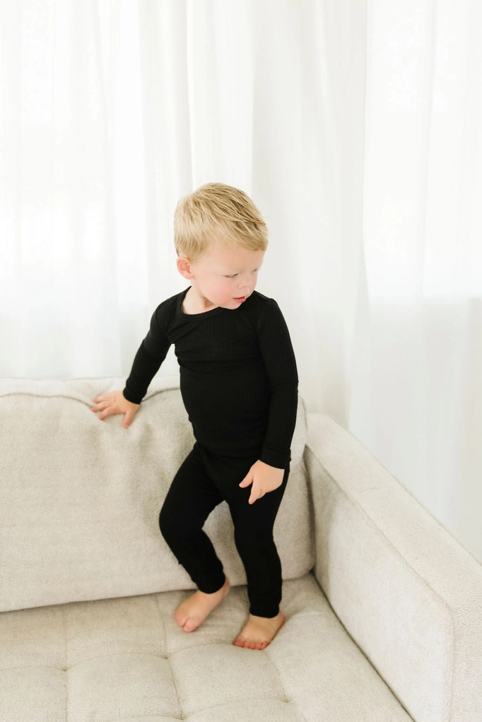Midnight Black Ribbed Kids Bamboo Pajamas