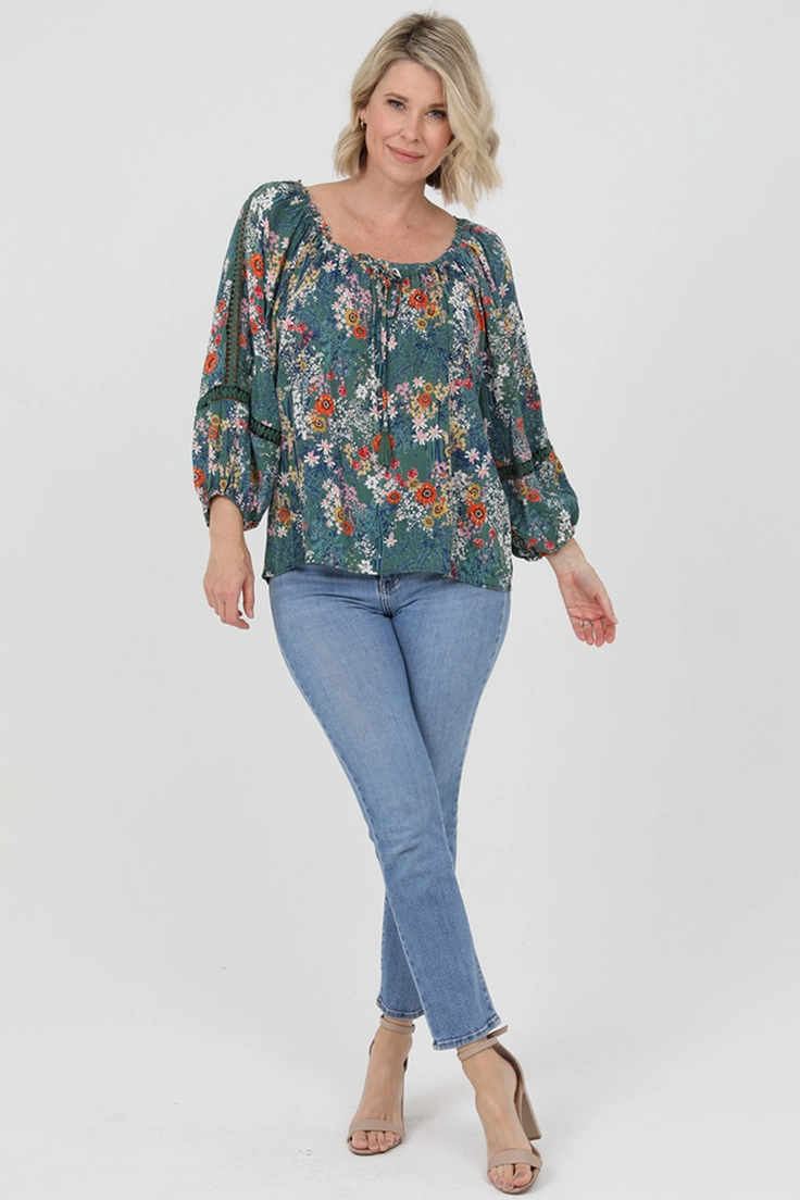 Floral Print Blouse w/ Lace Insets