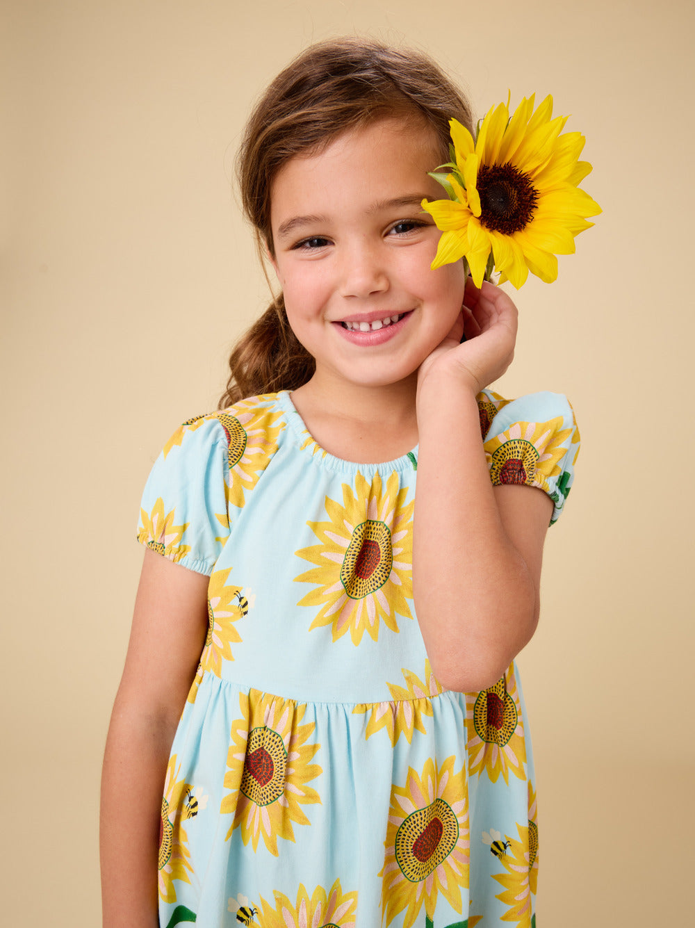 Girls Puff Sleeve Sunflower Dress