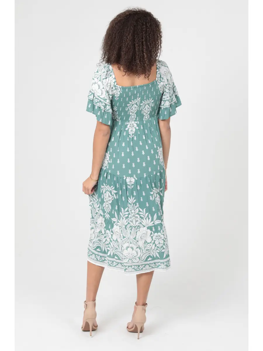 Twist Front Ruffle Sleeves Midi Dress