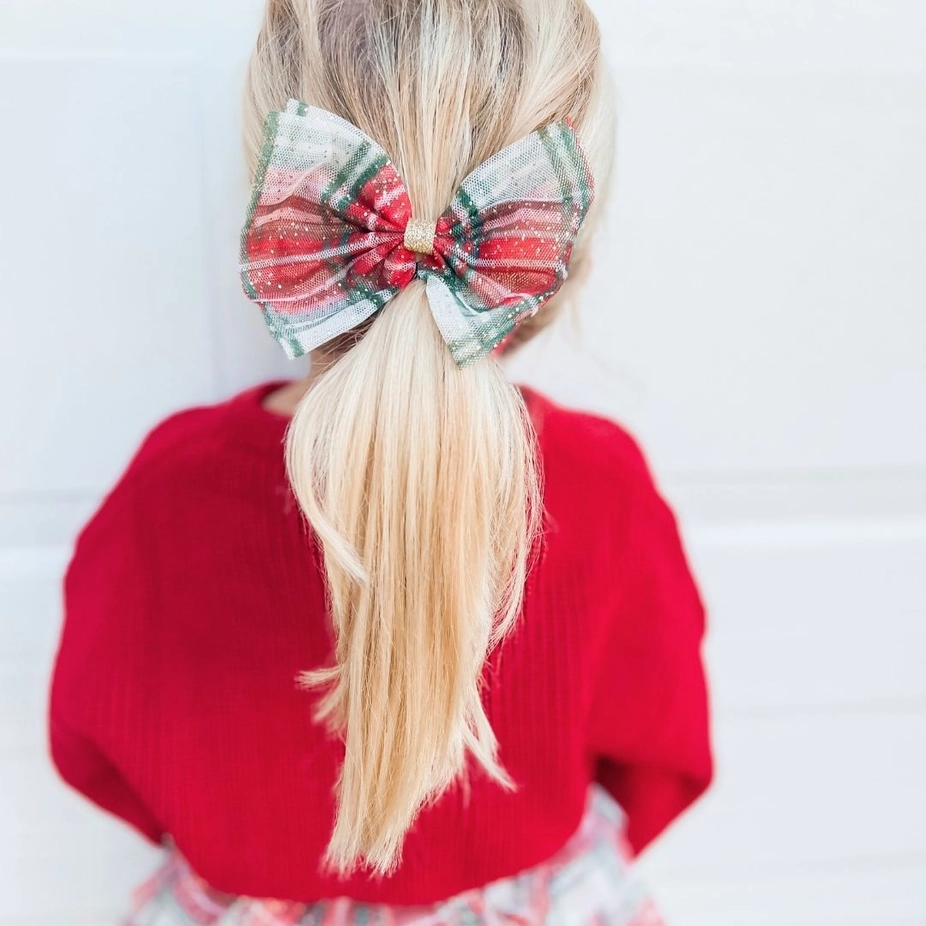 Girls Christmas Plaid Tulle Bow Clip