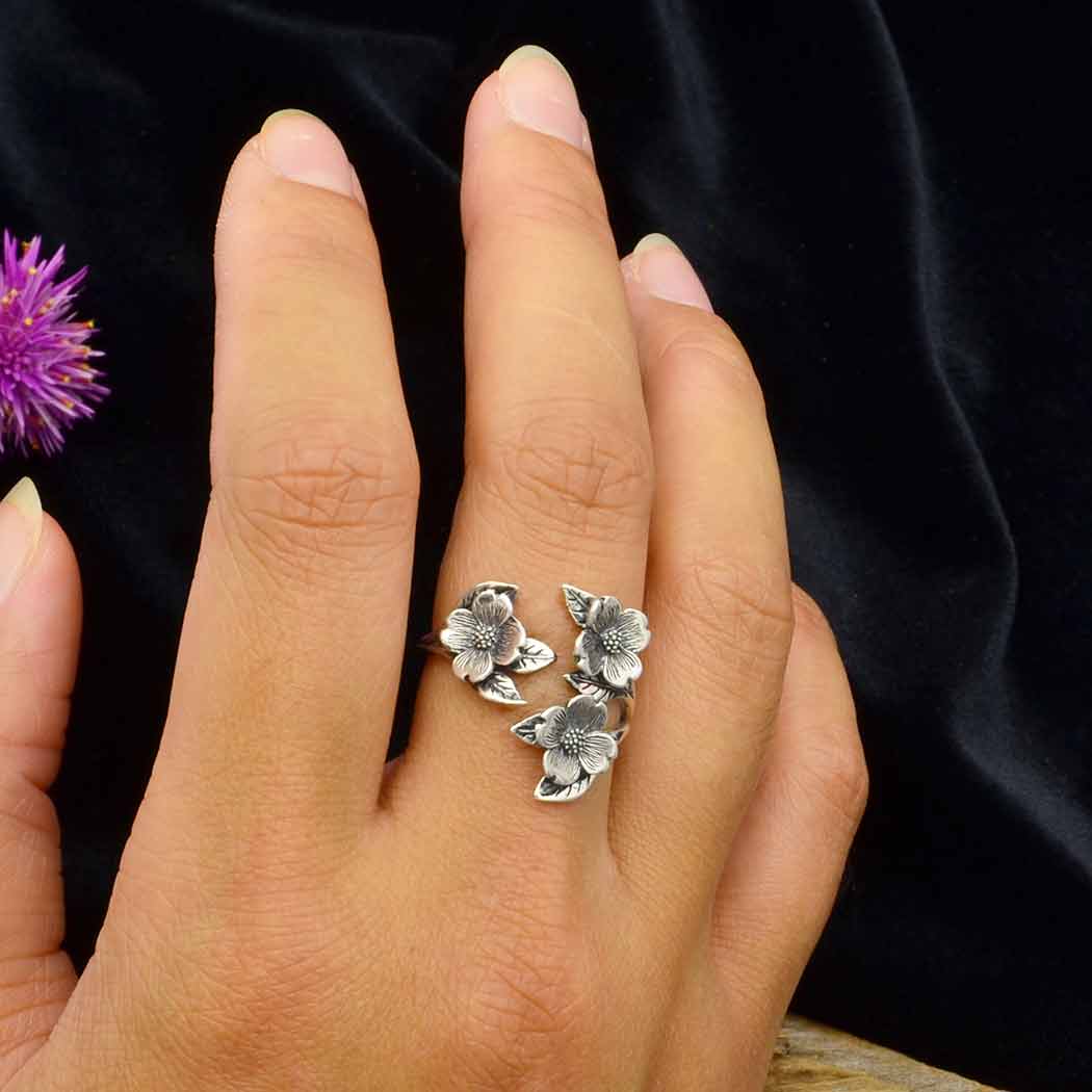 Dogwood Flower Leaf Ring Adjustable