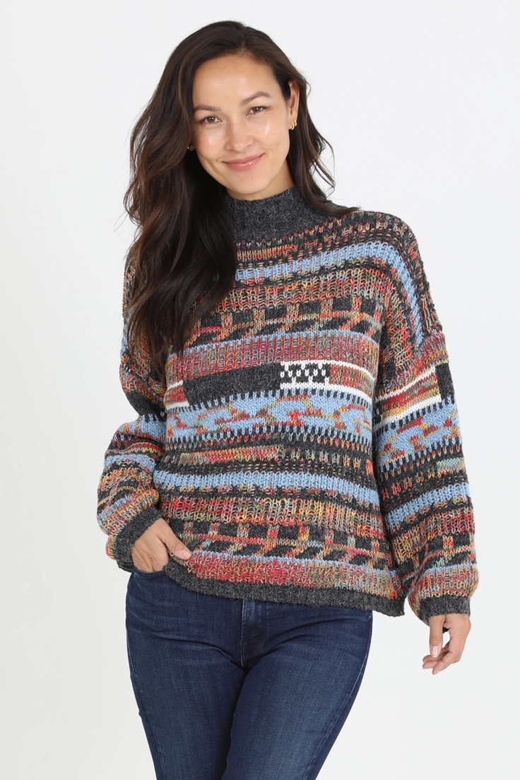Mixed Yarns Mock Neck Sweater