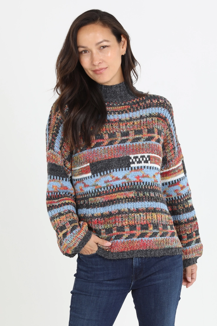 Mixed Yarns Mock Neck Sweater