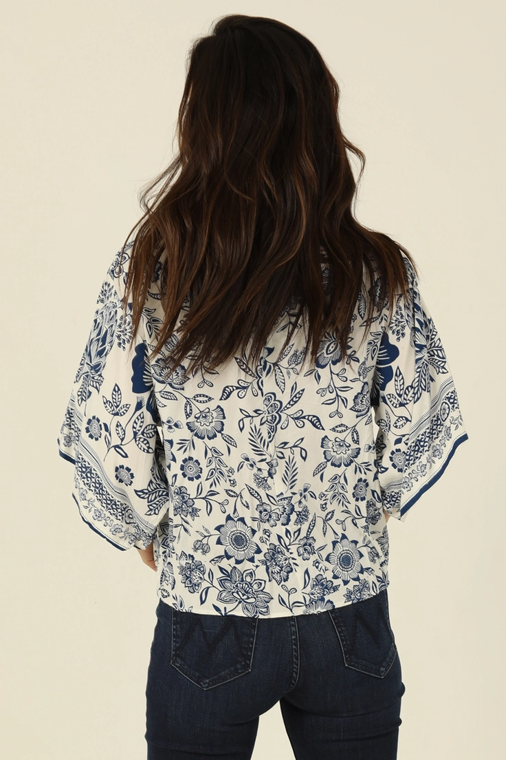 V-Neck Kimono Sleeve Tie Waist Blouse