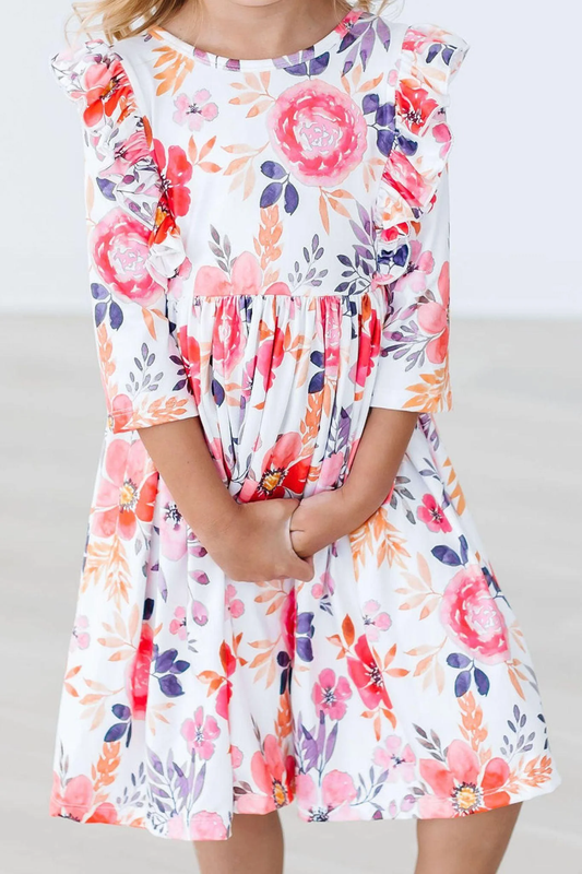 Girls Tangerine Leaves Ruffle Dress