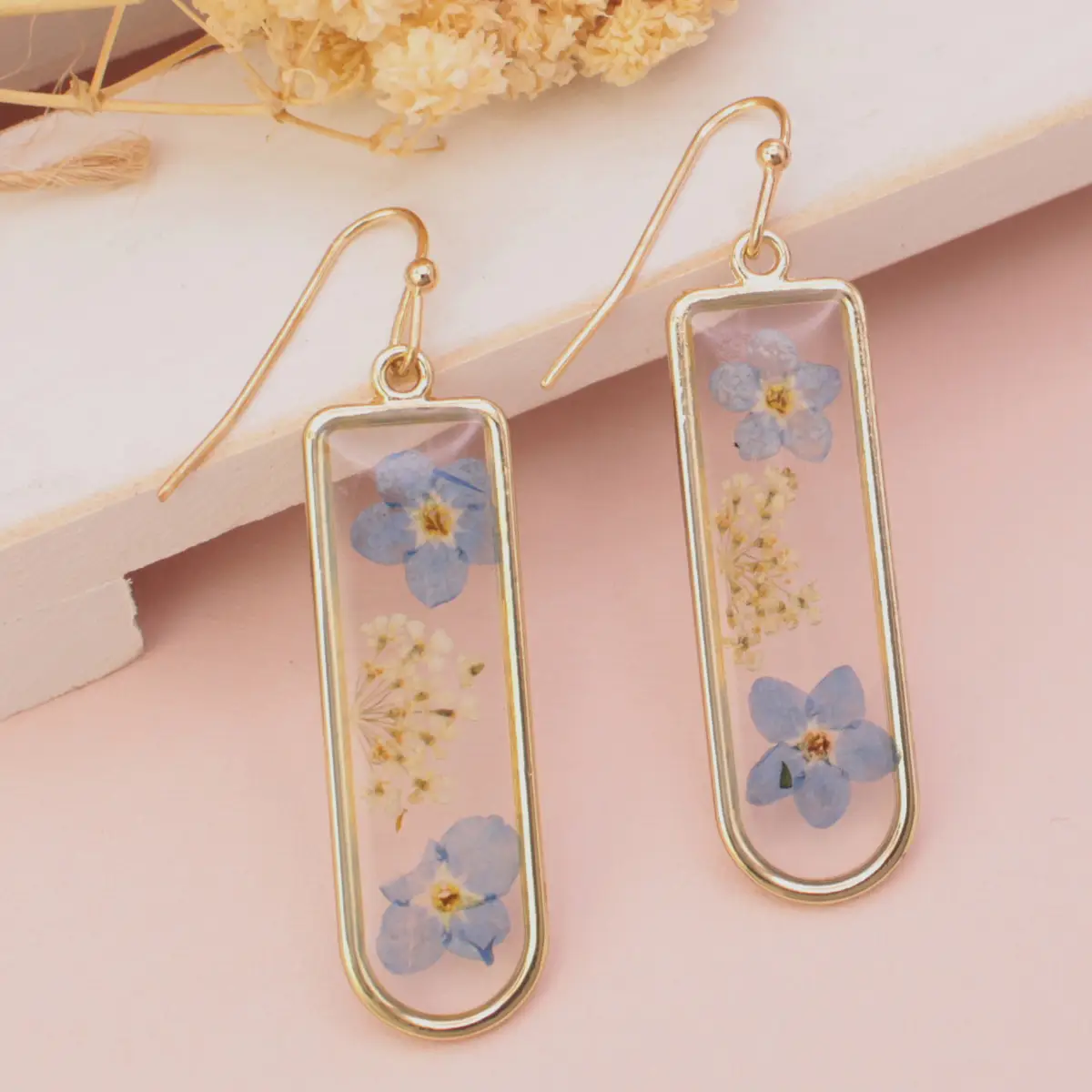 Cottage Blue Gold Dried Flower Earrings