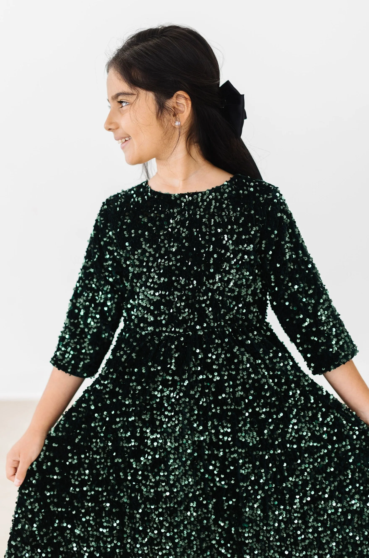 Girls Hunter Green Velvet Sequin Dress